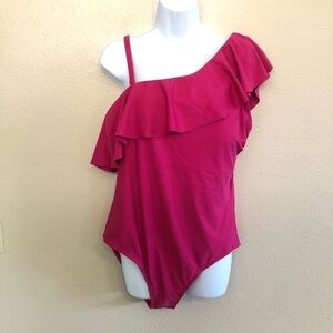 Kona Sol Woman’s Ruffle One Shoulder High Coverage One Piece Swimsuit Size 17